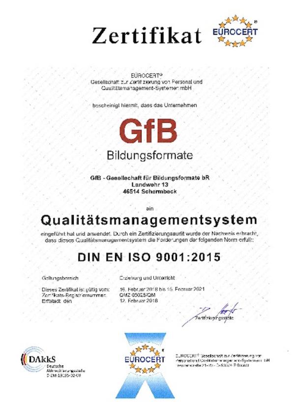 GfB-Bildungsformate nach DIN EN ISO 9001:2015 zertifiziert