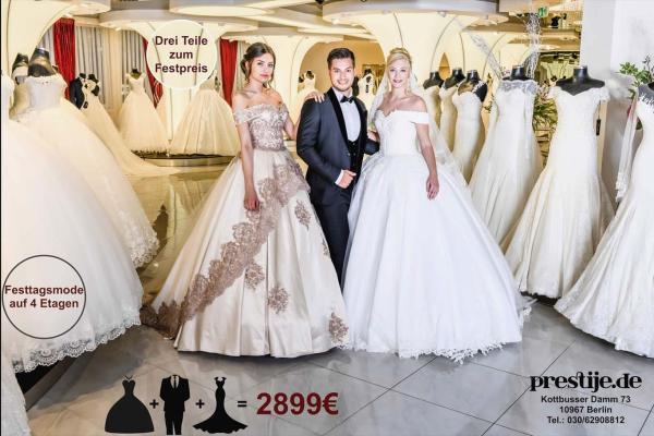 Angebot-Festpreis beim Kauf von 1 Brautkleid, 1 Brautjungfernkleid und 1 Hochzeitsanzug