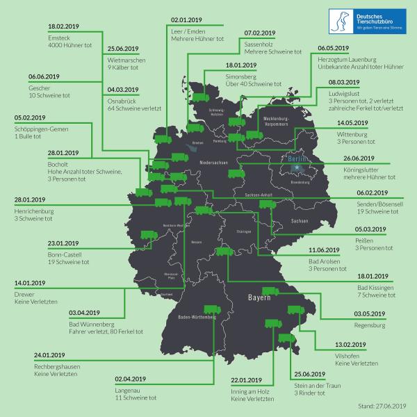 Knapp 30 schwerwiegende Tiertransporter-Unfälle im ersten Halbjahr 2019 alleine in Deutschland 