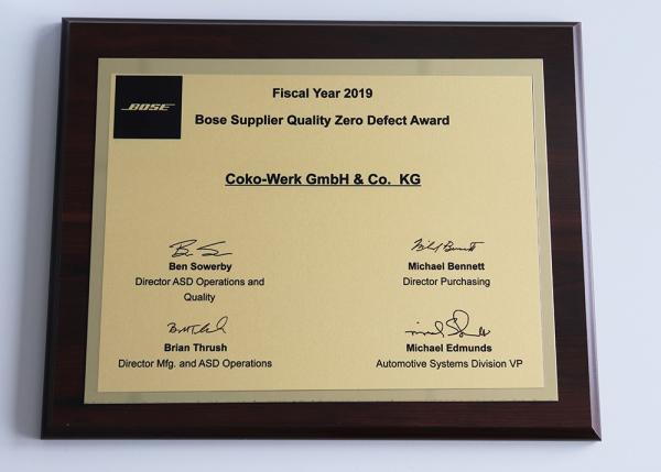 Die Coko-Werk GmbH & Co. KG erhält den Bose Supplier Quality Zero Defect Award 2019