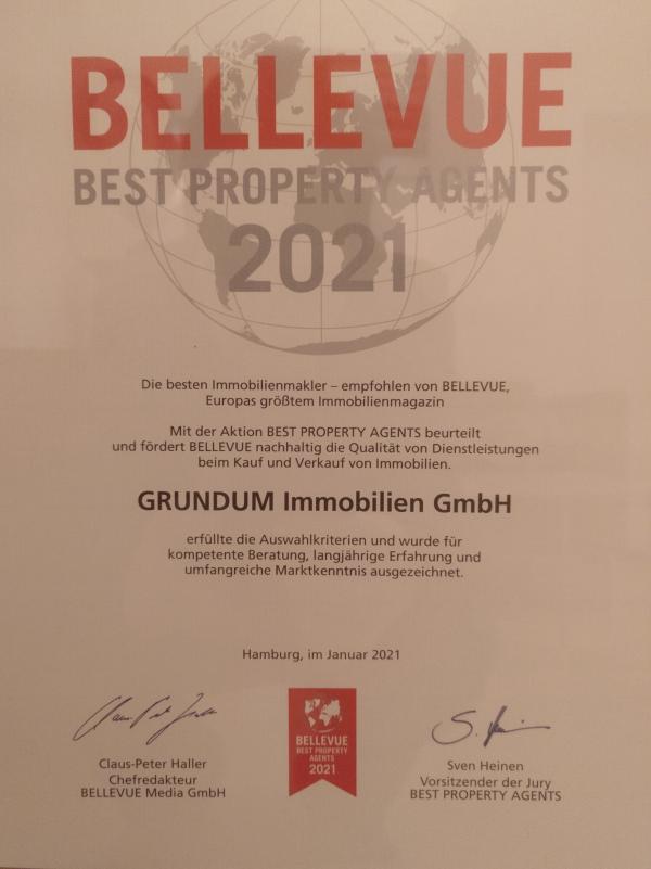 Auszeichnung mit Qualitätssiegel: GRUNDUM Immobilien als »BELLEVUE BEST PROPERTY AGENT 2021« ausgezeichnet