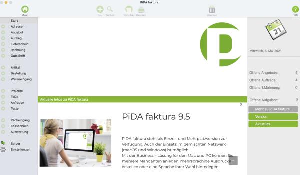 PiDA faktura, das Rechnungsprogramm für macOS und PC