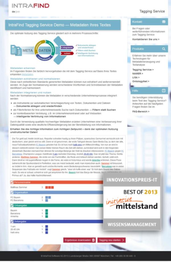 IntraFind gewinnt Innovationspreis und startet Live-Demo für Tagging Service
