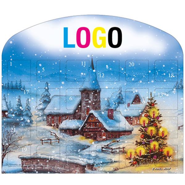 Adventskalender mit Werbung und Schokolade – der Tischadventskalender Ideal mit integriertem Standfuss