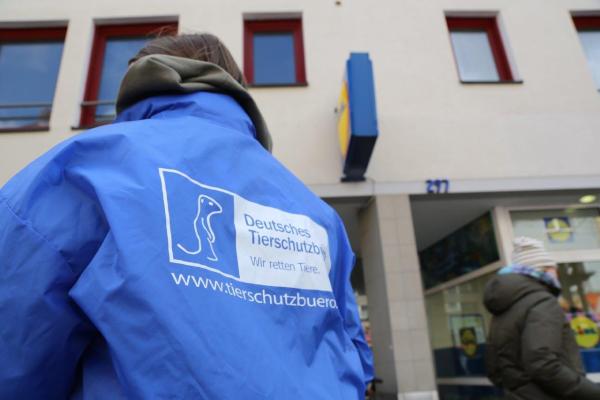 Tierschutz-Aktion vor LIDL in Reutlingen - Deutsches Tierschutzbüro kommt mit Plakat-Wagen