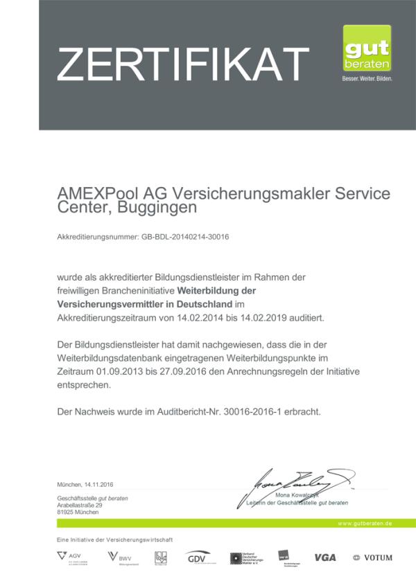 AMEXPool AG besteht Audit der Bildungsinitiative "gut beraten" mit 95 Prozent Erfolgsquote