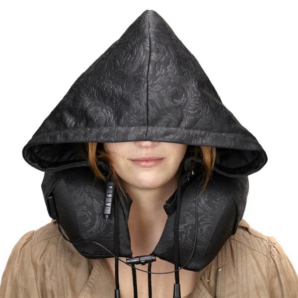 Pillodise - zeitgemäßes Nackenkissen mit modischer Hoody-Kapuze und Bluetooth-System für smartes Reisen