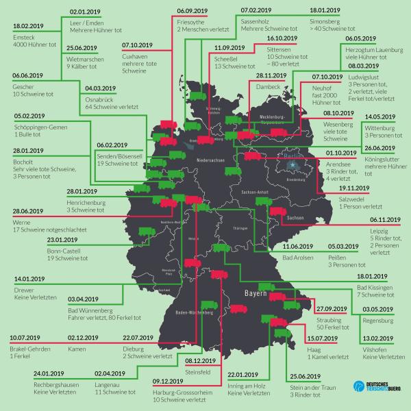 46 schwerwiegende Tiertransporter-Unfälle im Jahr 2019 in Deutschland 