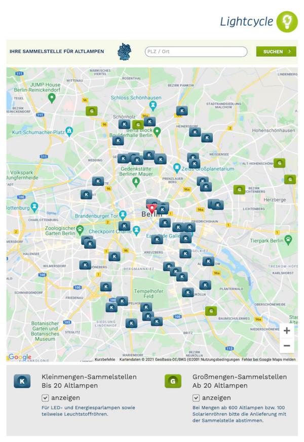 sammelstellensuche.de für die Abgabe von Altlampen ab 20 Stück