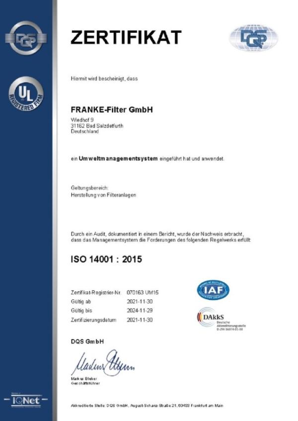 FRANKE-Filter GmbH erhält die Zertifizierung für ihr Umweltmanagementsystem nach ISO 14001