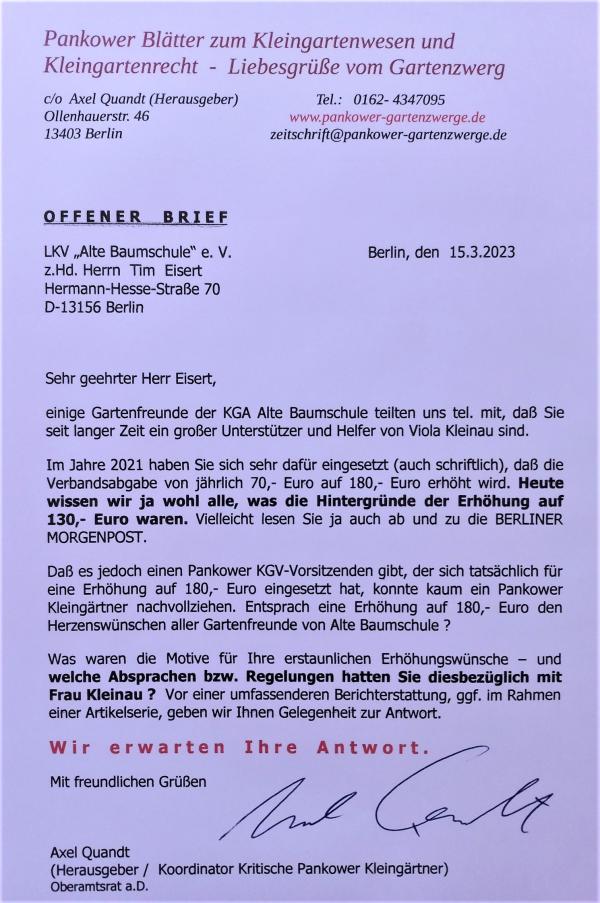 Es besteht Klärungsbedarf. Offener Brief an den Pankower Kleingarten-Vereins-Vorsitzenden Tim Eisert.