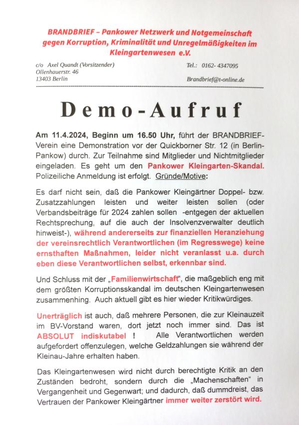 Aufruf zur DEMO Pankower Kleingärtner am 11.4.2024 / Zum Pankower Korruptions- bzw. Kleingartenskandal.