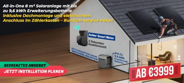 All-in-One 8 m&sup2; Solaranlage mit bis 3,2kWh Speicher inklusive Dachmontage und elektrischem Anschluss im Zählerkasten