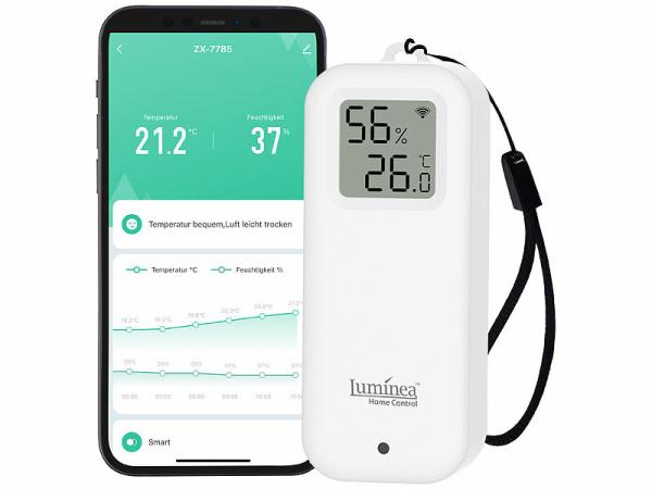 Luminea Home Control WLAN-Temperatur- und Luftfeuchtigkeitssensor mit Display, App, www.pearl.de Luminea Home Control WLAN-Temperatur- und Luftfeuchtigkeitssensor