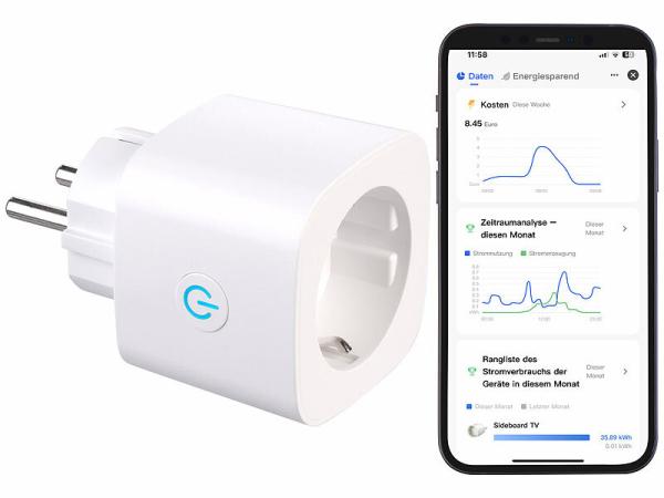 Luminea Home Control 2in1-WLAN-Steckdose SF-605.avs mit bidirektionaler Strom-Messung, www.pearl.de Luminea Home Control 2in1-WLAN-Steckdose SF-605.avs
