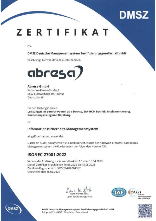 ISO 27001 Zertifikat Zertifiziert sicher: abresa erfüllt ISO/IEC 27001 und stärkt Schutz vor Cyberangriffen
