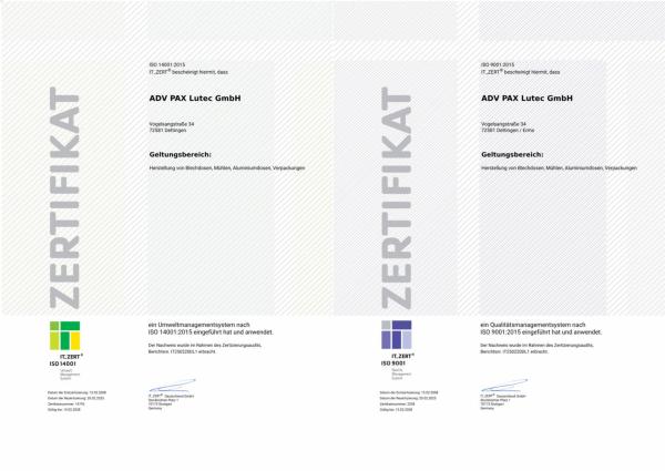 ADV PAX ist weiterhin ISO-zertifiziert - für Qualität & Umwelt: ISO 9001 und ISO 14001