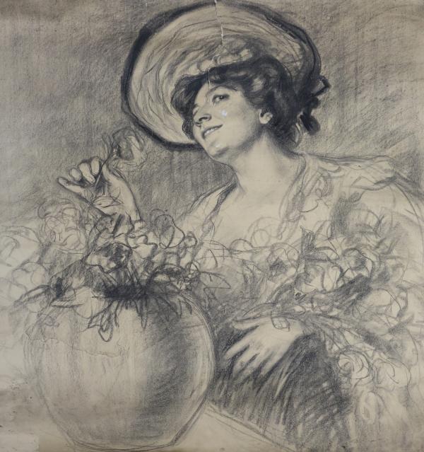Hugo v.Habermann d.Ä.(1849-1929)Franzi mit Rosen,o.J.Bleistift/Kohle auf Papier Museumsverein Dachau Sonderausstellung - BLICK.PUNKT. Was Blicke erzählen