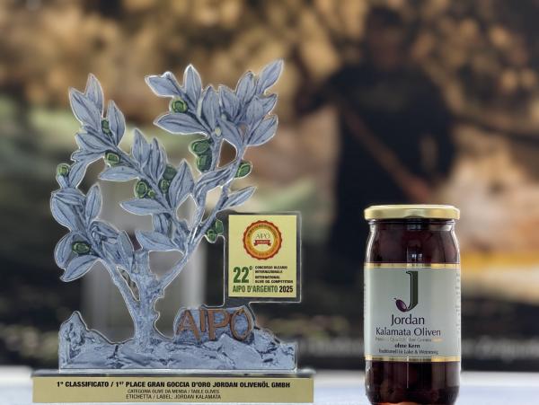 Gran Goccia d"Oro Award beim AIPO Verona und Jordan Kalamata Oliven im Glas Jordan Olivenöl: Gran Goccia d"Oro für weltbeste Oliven