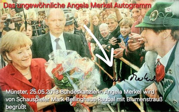 Das ungewöhnliche Angela Merkel Autogramm von 2013 in Münster auf Mark Bellinghaus-Raubal Angela = Engel & Das seltsame Autogramm der Angela Merkel - Eine Kurzgeschichte von Mark Bellinghaus-Raubal