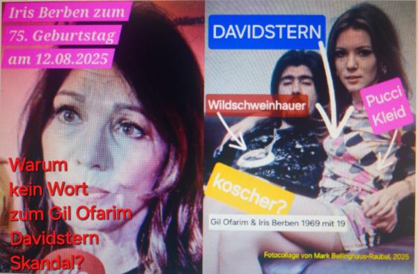 Iris Berben wird 75, mit 19 Jahren selbst einen Davidstern tragend im Jahr 1969, gemeinsam mit Abi Ofarim, Gil Ofarims Vater - macht dieser Skandal Frau Berben nichts aus? Warum spricht sie nicht darü Iris Berben zum 75. Geburtstag: Spieglein Spieglein an der Wand....