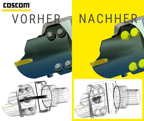 Einstechdrehwerkzeug: Bohrungsdetails entfernt, Schneide bleibt – ca.â¯47â¯% Datenreduktion. COSCOM enthüllt neues Modul zur Optimierung der CAD-Werkzeugdaten