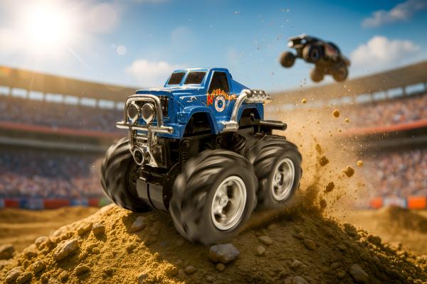 Ein Produktfoto eines wenige cm großen Spielzeugtrucks in atemberaubender Kulisse. béton media aus Nürnberg präsentiert HybridShot™ – die Zukunft der Produktfotografie