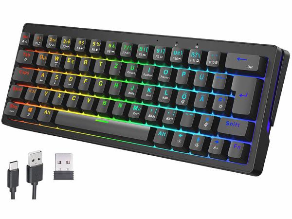 GeneralKeys Mechanische 60-%-Funk-Tastatur mit RGB-Beleuchtung, QWERTZ, Akku, www.pearl.de GeneralKeys Mechanische 60-%-Funk-Tastatur