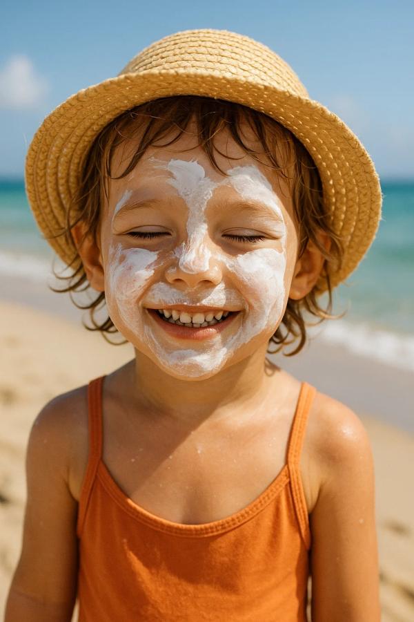 Glückliches Kind am Strand mit Sonnencreme im Gesicht Bilder des Sommers und was sie für unsere Haut bedeuten
