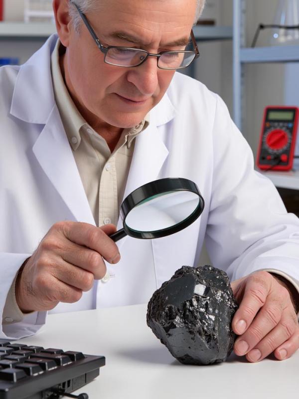 Ein Mann untersucht einen großen schwarzen Stein unter der Lupe, um die Echtheit des Schungit-Steins Echter Schungit - woran erkennt man das Original?