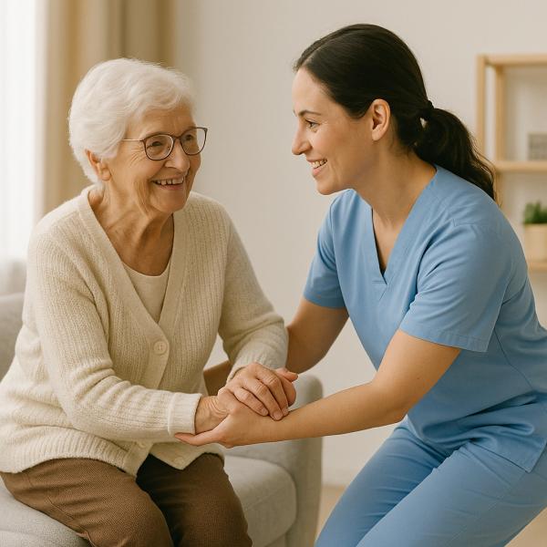 Pflegekraft unterstützt Seniorin beim Aufstehen (KI generiert). Welt-Rheuma-Tag: Frühe Unterstützung entlastet Betroffene und Angehörige