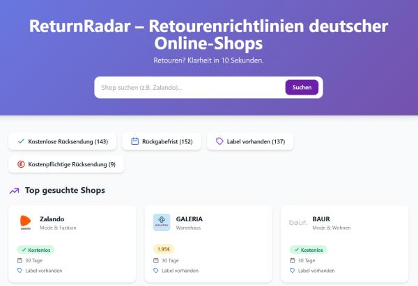Screenshot vom Portal ReturnRadar.de zeigt Retourenbedingungen deutscher Shops
