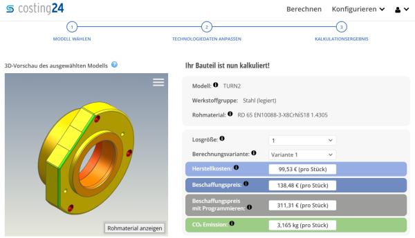 In wenigen Sekunden stellt costing24 Kalkulationen von Dreh-, Fräs-, und Biegeteilen grafisch dar costing24: CAD-Kalkulation für Metallbearbeitungen