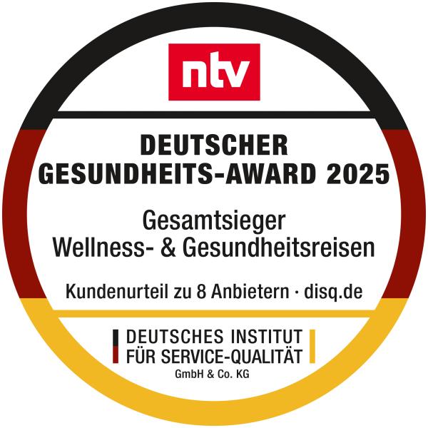 Siegel Deutscher Gesundheits-Award 2025 Wainando Travel Wainando Travel 2025 erneut zum besten Anbieter für Wellness- und Gesundheitsreisen gekürt