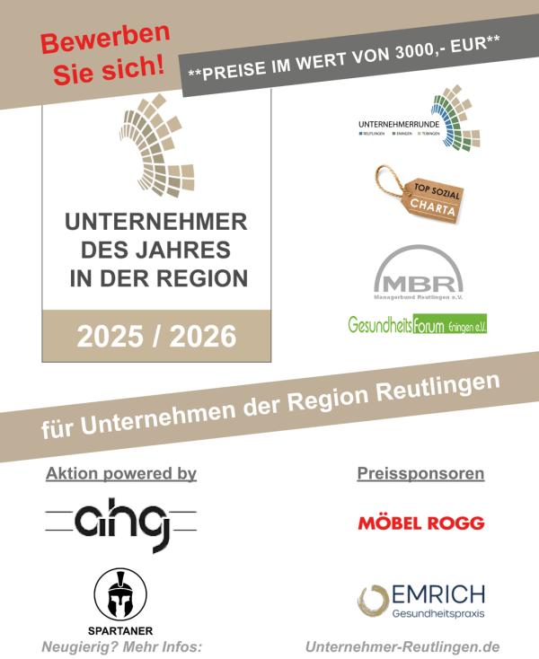 Unternehmen der Region Reutlingen aufgepasst! Wettbewerb Unternehmer des Jahres 2026 startet