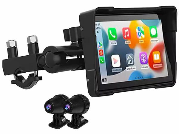 Lescars Motorrad-Navi-Display, 5 Zoll, CarPlay- & Android Auto, 2 Cams optional