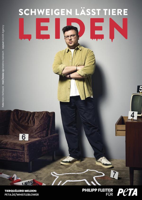 True-Crime Podcaster Philipp Fleiter stellt eindrückliche PETA-Motive vor:  "Nicht wegsehen, wenn nebenan Verbrechen an Tieren passieren!"