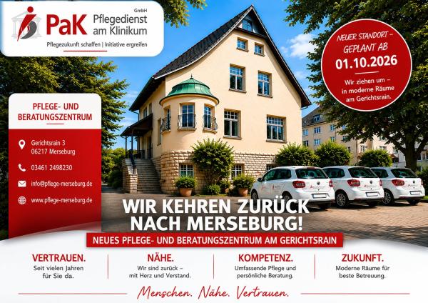 PaK Pflegedienst am Klinikum kehrt nach Merseburg zurück &ndash; Neues Pflege- und Beratungszentrum am Gerichtsrain