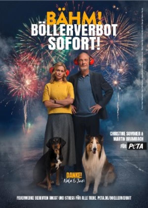 Zur Kieler Woche präsentieren Martin Brambach und Christine Sommer neues PETA-Motiv: &bdquo;Böllerverbot sofort!&ldquo;