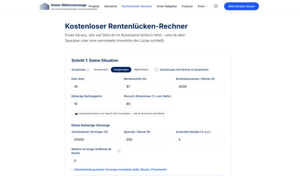 Immo-Altersvorsorge.de zeigt die Versorgungslücke netto und inflationsbereinigt &ndash; ohne Anmeldung, mit Sparplan- und Immobilien-Szenario