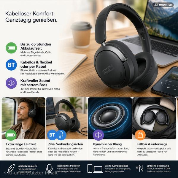 auvisio Faltbares Over-Ear-Headset OHS-515, BT 5.4, Akku
