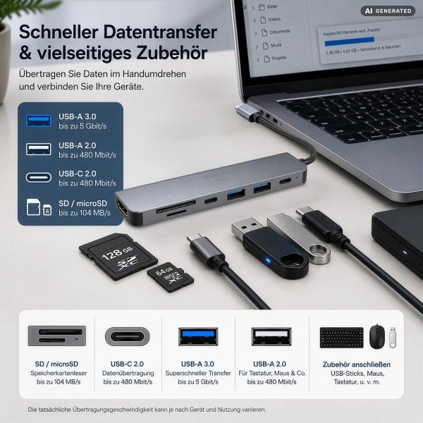Callstel 7in1-USB-C-Dockingstation, PD 100 Watt, 4K-HDMI