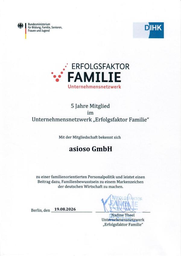 asioso seit fünf Jahren Mitglied im Unternehmensnetzwerk &bdquo;Erfolgsfaktor Familie&ldquo;
