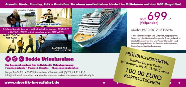 Budde Urlaubsreisen lädt zur Akustik-Kreuzfahrt - Marc Tyson und vier Künstler geben Konzerte im Mittelmeer